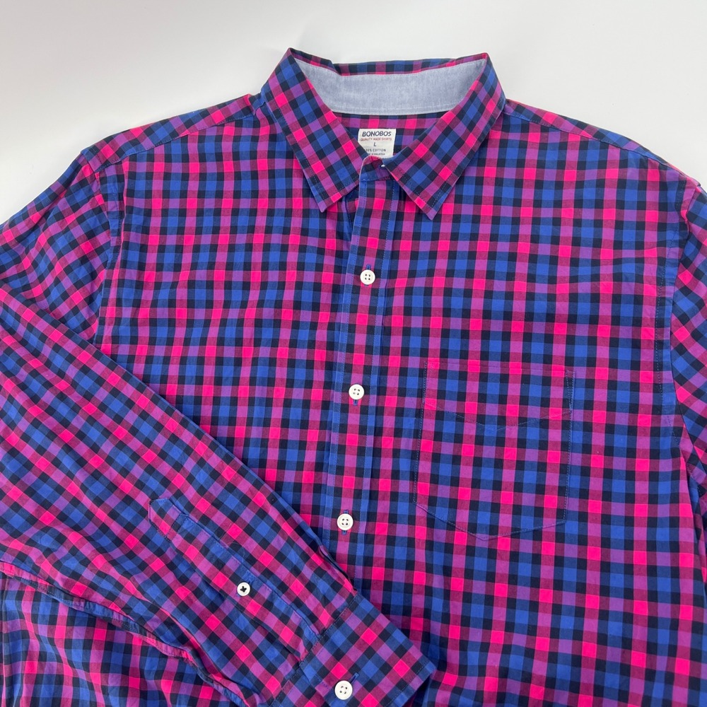 Bonobos Mens Large Standard Fit Pink Blue Gingham Plaid Cotton Button Down Shirt
